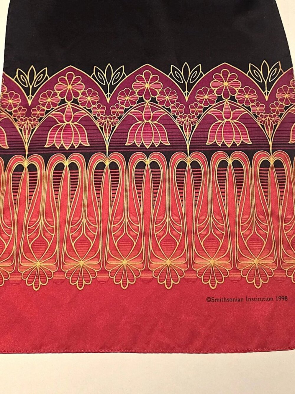 Scarf; Art Nouveau design in black red gold fuschia; rectangle; Smithsonian Inst